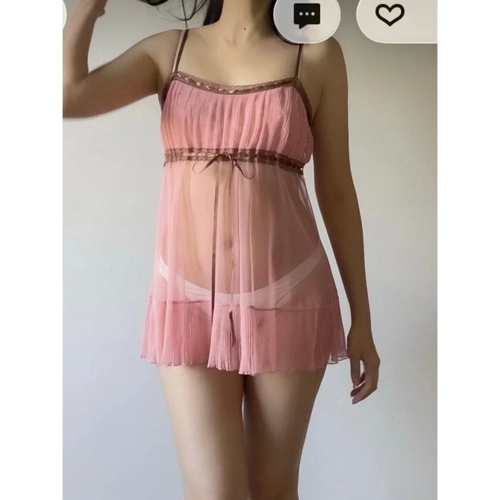 Vintage Victoria's Secret Babydoll Chemise L Pink Excellent Y2K Fairycore Sheer